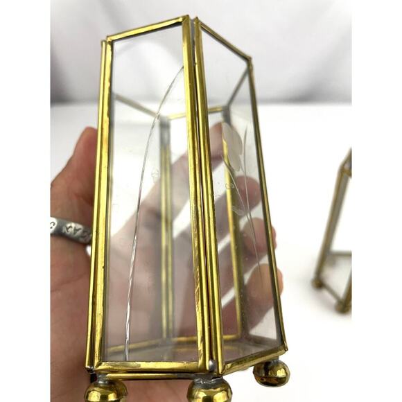 VTG Mini Brass Etched Glass Lantern Candle Holder Display Lot of 2 - Picture 5 of 16